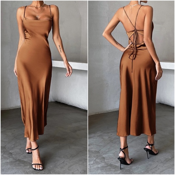 Luxe Satin Lace up back Backless Party Evening Dress - Picture 8 of 9